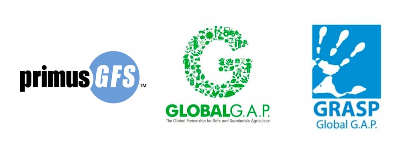 Logos de las certificaciones PrimusGFS, GLOBALG.A.P. y GRASP